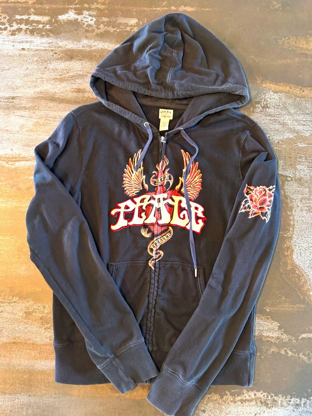 Lucky Brand Women's Black Skull Graphic Full-Zip Hooded Hoodie Pockets Size S